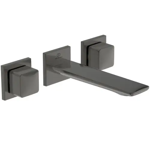 Wand-Waschtischarmatur in moderner, quadratischer Form von Ideal Standard. Die Armatur hat zwei eckige Rosetten und einen flachen Auslauf. Farbe: Magnetic Grey.